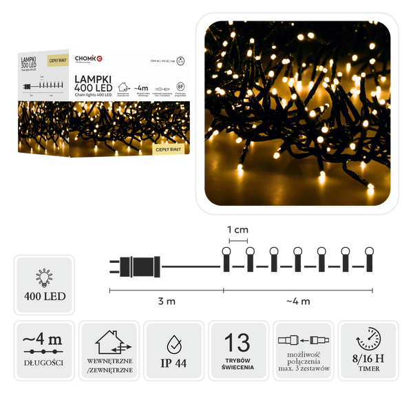 LED CLUSTER 400L TEPLÁ BÍLÁ, DÉLKA 3 + 4 M VNĚJŠÍ/VNITŘNÍ *8141