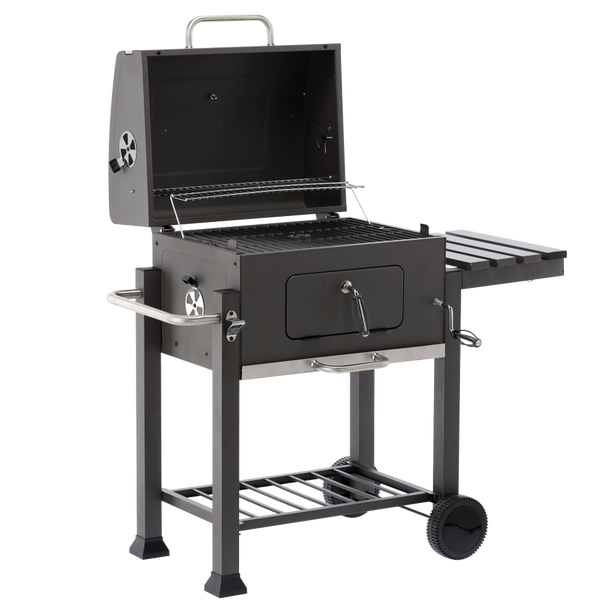 LARGE CHARCOAL GARDEN GRILL WITH LID, CAST IRON GRATE AND CASTORS 114,5 x 60 x 108 CM