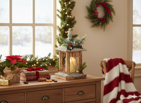 CHRISTMAS WOODEN LED LANTERN WITH CANDLE 18 x 18 x 38 CM