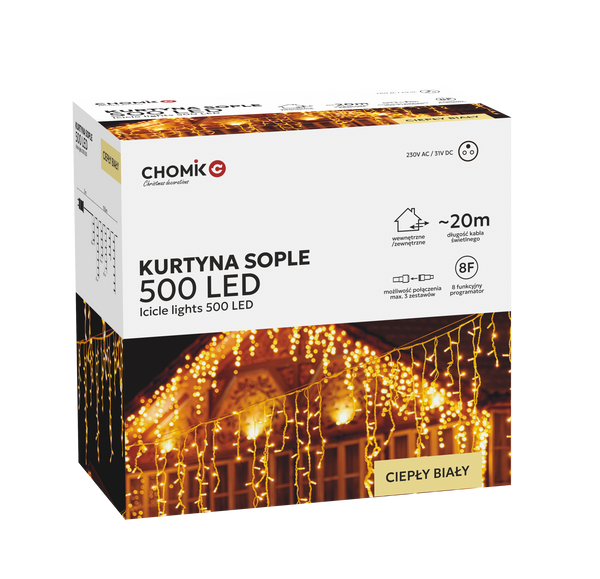 ZÁVESY ICICLE 500L TEPLÁ BIELA DĹŽKA 3 + 20 M *9867