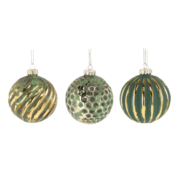 GLASS BAUBLE 8 CM GREEN DECORATED MIX DESIGNS