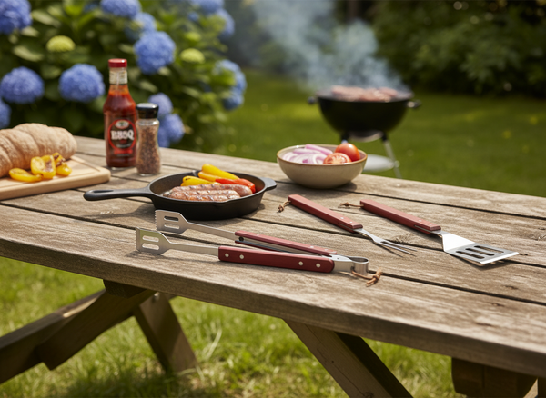 KPL. 3 AKCESORIÓW DO GRILLA Z DREWNIANĄ RĄCZKĄ ŁOPATKA/SZCZYPCE/WIDELEC