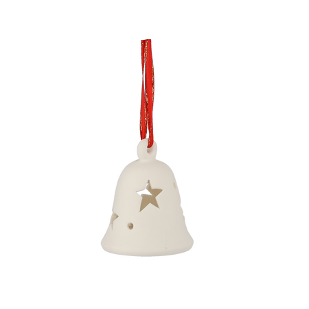 KERAMICKÁ FIGURKA - ZVONEK S PŘÍVĚSKEM BÍLÁ LED 8 CM balení=12ks *1457