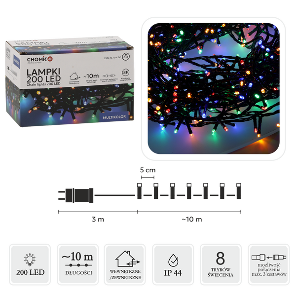 LED SVĚTLA 200L MULTIKOLOR DÉLKA 3 + 10 M VNITŘNÍ/VENKOVNÍ *9461