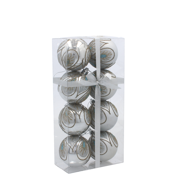 Set de 8 globuri de Crăciun argintii, 6 cm, mix de modele *5775