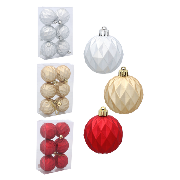 SET OF 6 GEOMETRIC BAUBLES 6 CM RED/GOLD/SILVER