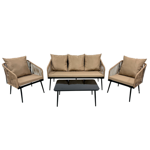 GARDEN FURNITURE SET MADE OF WOVEN ROPE (2 ARMCHAIRS + SOFA + TABLE) - BEIGE, CUSHIONS - BEIGE