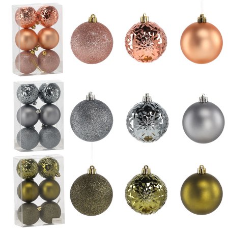 SET OF 6 BAUBLES 7 CM OLIVE/COPPER/GRAPHITE MIX DESIGNS