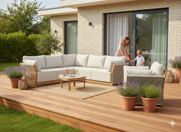 ZESTAW MEBLI OGRODOWYCH ALUMINIOWYCH (SOFA NAROŻNA + STÓŁ + FOTEL) BEŻOWY + BEŻOWE PODUSZKI