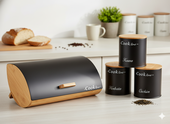 CHLEBAK ORTICA - BAMBUSOWY Z POKRYWĄ METALOWĄ 36,5x25x13 CM CZARNY MAT + 3 POJEMNIKI 11,5x11,5x12 CM