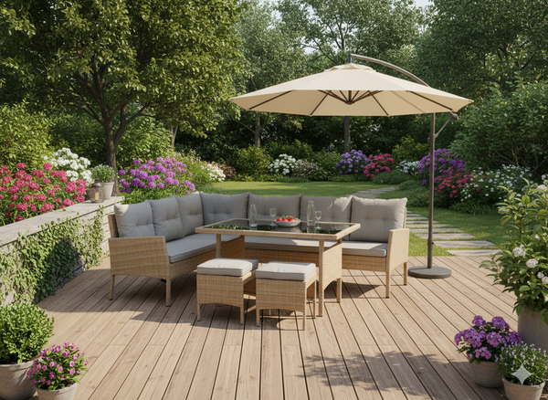 ZESTAW MEBLI RATTANOWYCH "BERNO" (SOFA NAROŻNA + 2 PUFY + STÓŁ) BEŻOWY + SZARE PODUSZKI