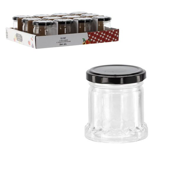 SŁOICZEK 100 ML Z TŁOCZENIEM I Z CZARNĄ METALOWĄ ZAKRĘTKĄ opak=12 szt *2486