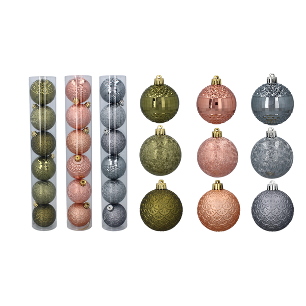 SET OF 6 BAUBLES 6 CM OLIVE/COPPER/GRAPHITE MIX DESIGNS