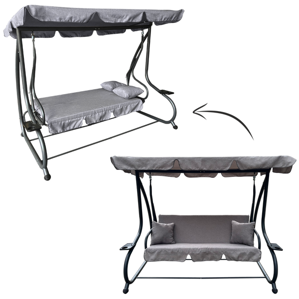 HUŚTAWKA OGRODOWA 210 x 120 x 170 cm SZARY MELANŻ Z FUNKCJĄ LEŻANKI *3095