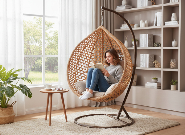 FOTEL WISZĄCY ROZM. XL BRĄZOWY, PODUSZKA BEŻOWA, RAMA BRĄZOWA