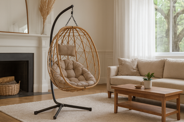 FOTEL WISZĄCY SKŁADANY BEŻOWY, PODUSZKA - BEŻOWA, RAMA - CZARNA *9100