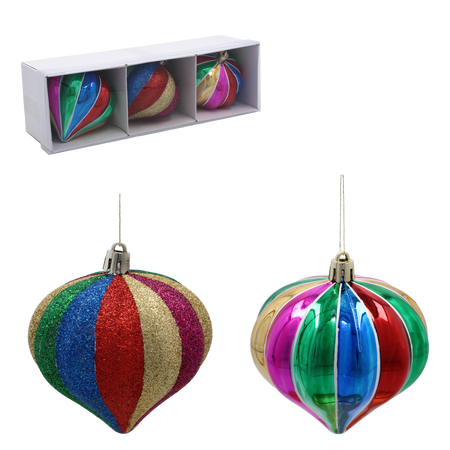 SET OF 3 CHRISTMAS ORNAMENTS - COLORFUL RIBBONS 8CM pack=12sets
