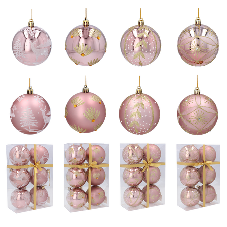 SET OF 6 CHRISTMAS BAUBLES 8 CM PINK MIX DESIGNS