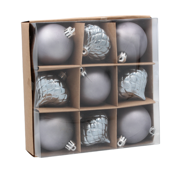 SET OF 9 BAUBLES 6 CM OLIVE/COPPER/GRAPHITE MIX DESIGNS