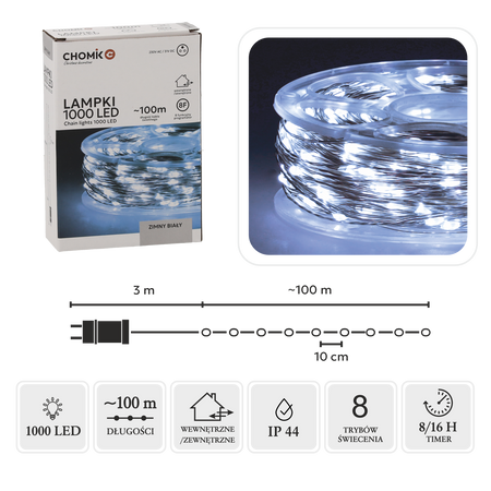 LAMPKI LED DRUCIKI NA SZPULI 1000L ZIMNY BIAŁY, DŁ. 3 + 100 M *0092
