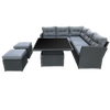 SET OF GARDEN FURNITURE (CORNER SOFA, 2 STOOLS, TABLE) - GREY , CUSHIONS - GREY