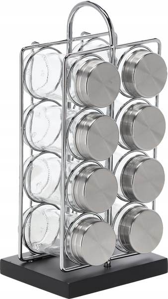 PRZYPRAWNIK PROSTOKĄTNY 12 x 10 x 26,5 CM Z RĄCZKĄ 8 SŁOICZKÓW SREBRNO-CZARNY *9189