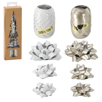 SET DE ÎMPACHETARE CADOURI DE CRĂCIUN - ARGINTIU / ALB (2 RIBBONURI + 7 FUNDIȚE) *7595