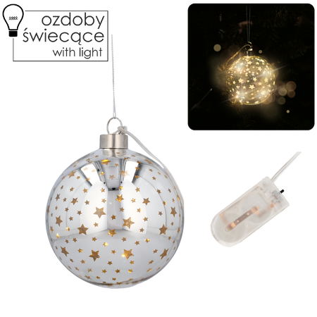 OZDOBA ŚWIĄTECZNA SZKLANA FI 10 CM LED BOMBKA SREBRNA W GWIAZDKI opak=6szt *2782