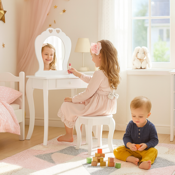 SMALL COSMETIC DRESSING TABLE WHITE WITH MIRROR + STOOL