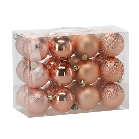 SET OF 24 BAUBLES 6 CM OLIVE/COPPER/GRAPHITE MIX DESIGNS