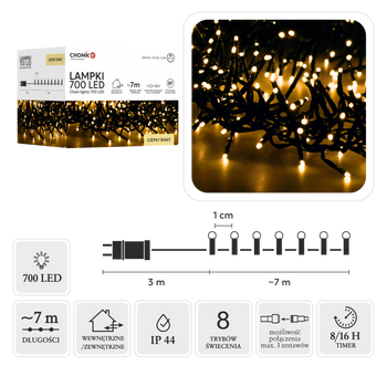 LAMPKI LED CLUSTER 700L CIEPŁY BIAŁY, DŁ. 3 + 7 M WEWN/ZEWN *8172