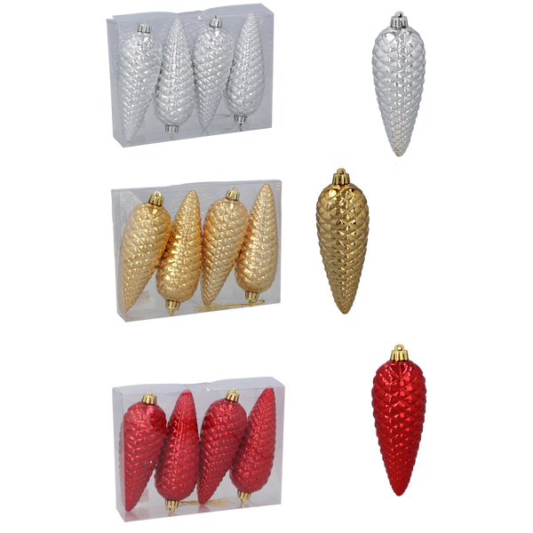 SET OF 4 CHRISTMAS ORNAMENTS CONE 14 CM RED/GOLD/SILVER