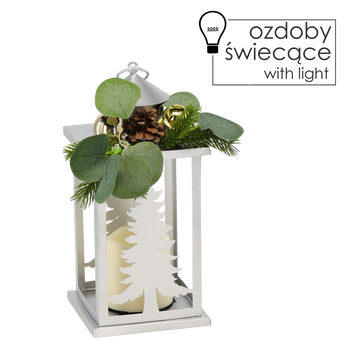 ŚWIĄTECZNY LAMPION 12,5 x 12,5 x 30,5 CM LED METALOWY SREBRNY ZE STROIKIEM *0870