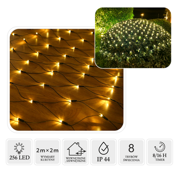 KURTYNA SIATKA LED 256L CIEPŁY BIAŁY 2 x 2 M WEWN/ZEWN *1681