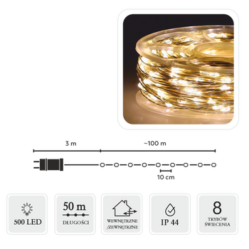 LAMPKI LED DRUCIKI NA SZPULI 500L CIEPŁY BIAŁY, DŁ. 3 + 50 M *8523