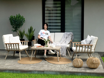 ZESTAW MEBLI ALUMINIOWYCH (SOFA + 2 FOTELE + STOLIK) BEŻOWY + BEŻOWE PODUSZKI *9408