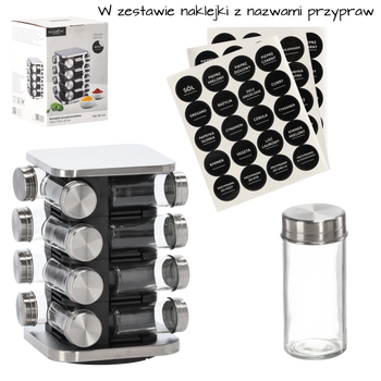 PRZYPRAWNIK KWADRATOWY 15,5 x 15,5 x 24 CM 16 SŁOICZKÓW CZARNO-SREBRNY *9134