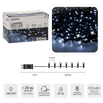 LAMPKI LED 500L ZIMNY BIAŁY, DŁ. 3 + 25 M WEWN/ZEWN *9577