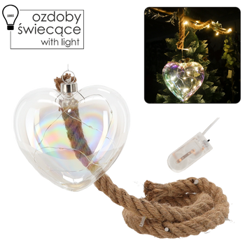 OZDOBA SZKLANA 17 x 5.5 x 17 CM LED - SERCE NA JUTOWYM SZNURKU opak=4szt *2751