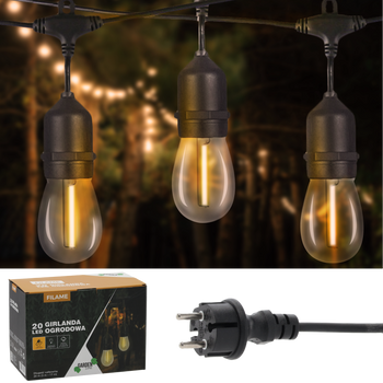 GIRLANDA OGRODOWA 230 V DŁ. 3 + 17 M FILAME 20 LED CIEPŁY BIAŁY Z UCHWYTAMI *1250