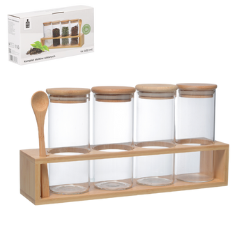 KPL. 4 SŁOIKÓW SZKLANYCH 400 ML Z DREWNIANYMI POKRYWAMI NA DREWNIANEJ PODSTAWIE Z ŁYŻKĄ *0765