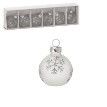 KPL. 6 BOMBEK CHOINKOWYCH SZKLANYCH - TRANSPARENTNYCH ZE ŚNIEŻYNKAMI 25,3 x 6,7 x 4,4 CM *2171