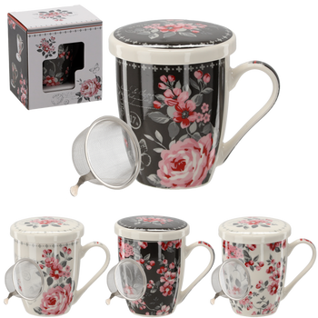 KUBEK PORCELANOWY Z ZAPARZACZEM I POKRYWKĄ 340 ML MIX KWIATOWYCH WZORÓW *1889