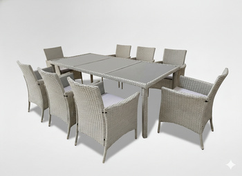 ZESTAW MEBLI OGRODOWYCH / 8 FOTELI + DUŻY STÓŁ / SZARY