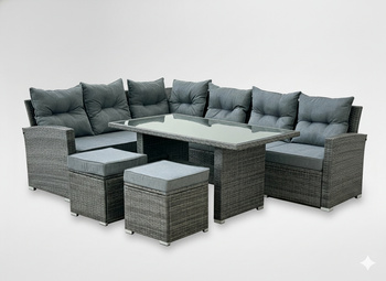 ZESTAW MEBLI OGRODOWYCH (SOFA NAROŻNA, 2 PUFY, STOLIK) - SZARY, PODUSZKI - SZARY