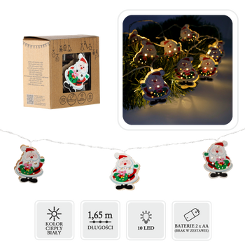 ŁAŃCUCH ŚWIETLNY LED DREWNIANY - MIKOŁAJ 10L NA BATERIE *4086