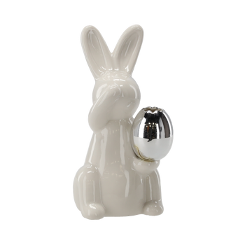 FIGURKA WIELKANOCNA - ZAJĄCZEK CERAMICZNY ZE SREBRNYM JAJKIEM 7,6 x 8,8 x 15,8 CM opak=6szt *6815