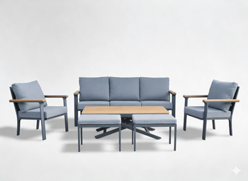 ZESTAW MEBLI OGRODOWYCH ALUMINIOWYCH TEAKOWYCH (SOFA + 2 FOTELE + STÓŁ + 2 TABORETY) ANTRACYT + SZARE PODUSZKI