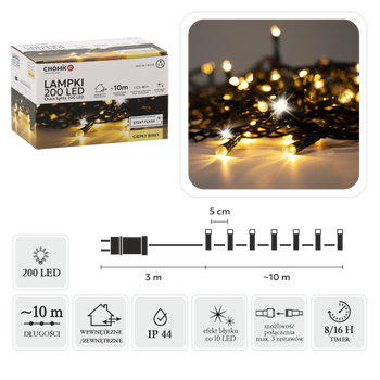 LAMPKI LED 200L CIEPŁY BIAŁY + ZIMNY FLASH, DŁ. 3 + 10 M WEWN/ZEWN *9478