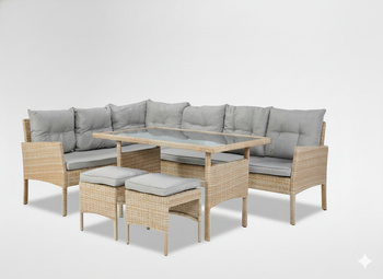 ZESTAW MEBLI RATTANOWYCH "BERNO" (SOFA NAROŻNA + 2 PUFY + STÓŁ) BEŻOWY + SZARE PODUSZKI